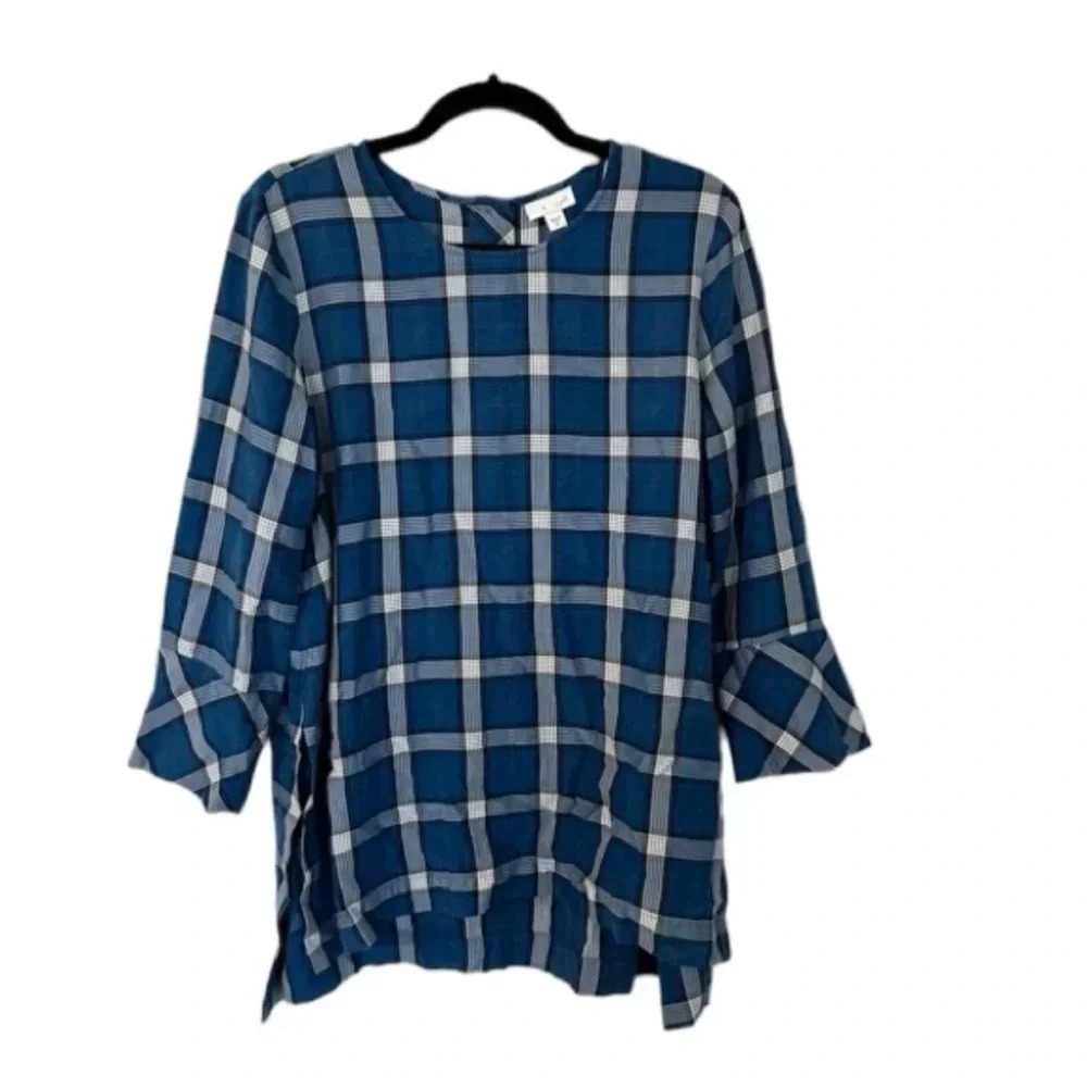 J.Jill Women's 3/4 Flutter Sleeve Plaid High-Low Round Neck Top Size M GUC